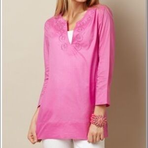 Jack Rogers “Georgie’s” embroidered pink 3/4 sleeve cotton v-neck tunic summer